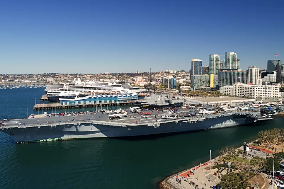 Aerial view of USS Midway aircraft carrier at San Diego waterfront